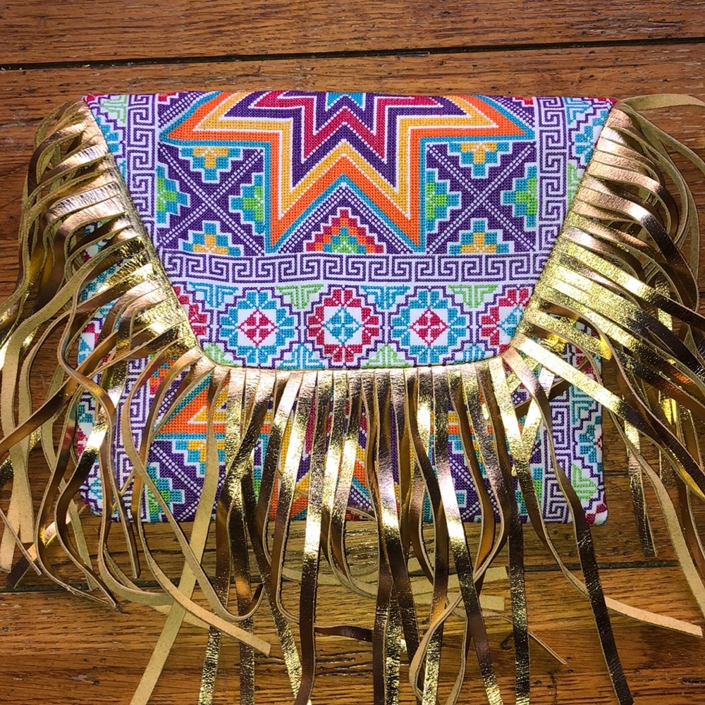 Boho tribal gold fringe clutch / crossbody